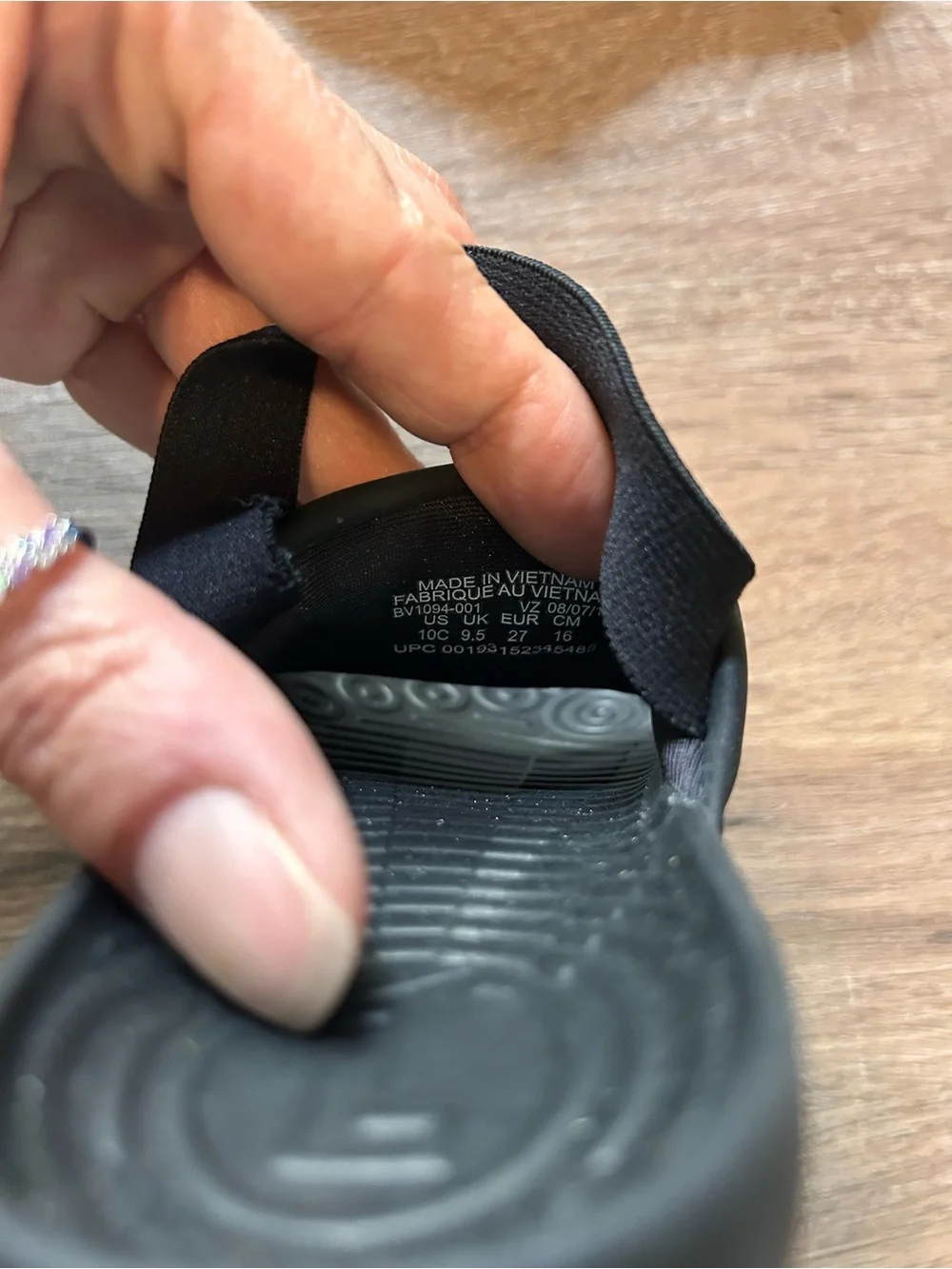 Toddler Nike Black Slides with White Swoosh and Elastic Heel Strap